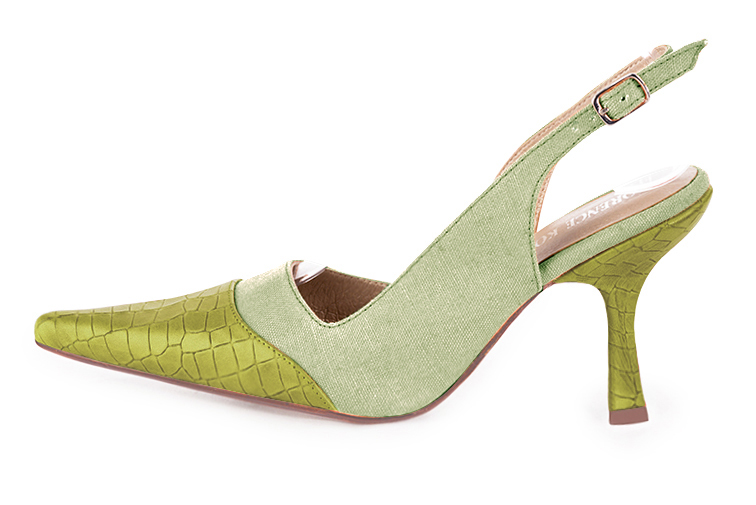 French elegance and refinement for these pistachio green dress slingback shoes, 
                available in many subtle leather and colour combinations. For fans of a quirky "Rock" style pointed toe.
To be personalized or not with your materials and colors.  
                Matching clutches for parties, ceremonies and weddings.   
                You can customize these shoes to perfectly match your tastes or needs, and have a unique model.  
                Choice of leathers, colours, knots and heels. 
                Wide range of materials and shades carefully chosen.  
                Rich collection of flat, low, mid and high heels.  
                Small and large shoe sizes - Florence KOOIJMAN